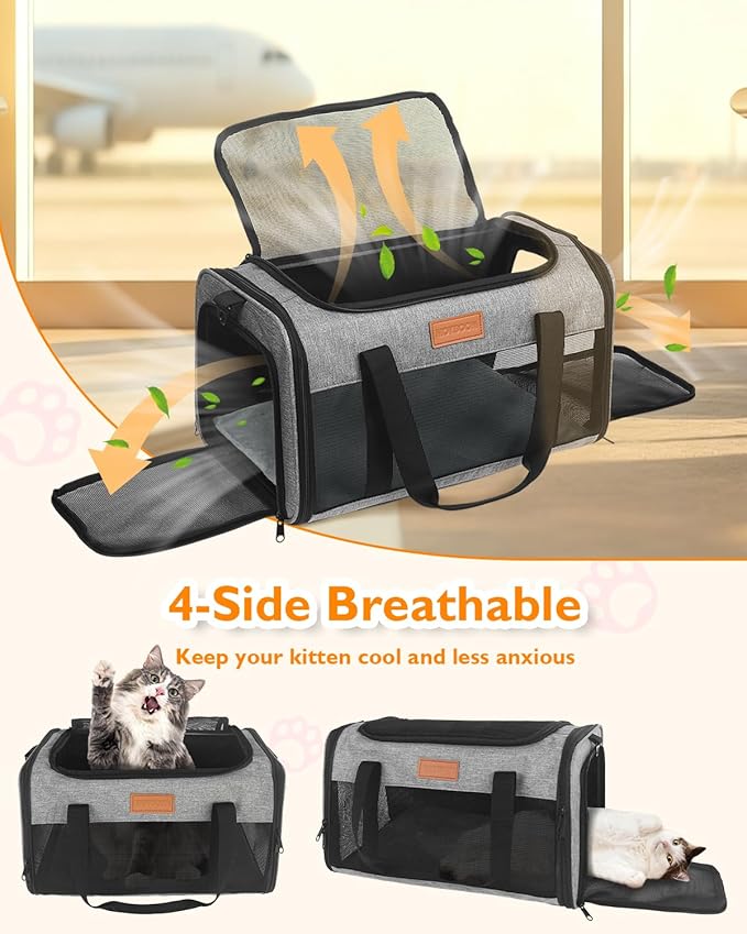 PETUX Airline Approved Pet Carrier - 17x11x9.5 in, Underseat, Top & Side Entry, Soft Sided Cat Dog Carrier for Small Cat & Dog Up to 12 lbs with Breathable Anti-Scratch Mesh for Travel & Vet - Grey