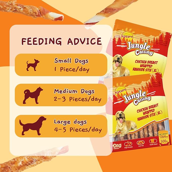 Jungle Calling Dog Treats, Natural Chicken Wrapped Rawhide Sticks for Small Medium Dogs, Long Lasting Dog Rawhide Chews for Teeth Cleaning, Grain Free Training Rewards, 1.10 lb