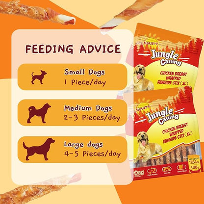 Jungle Calling Dog Treats, Natural Chicken Wrapped Rawhide Sticks for Small Medium Dogs, Long Lasting Dog Rawhide Chews for Teeth Cleaning, Grain Free Training Rewards, 1.10 lb