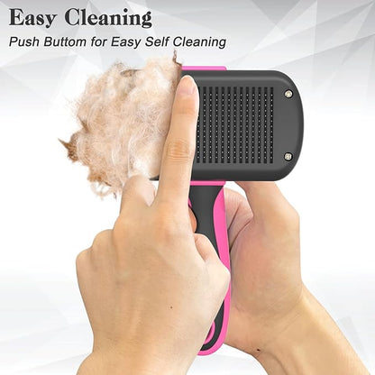 Dipoo Self-Cleaning Pet Grooming Brush - Skin-Friendly Deshedding Tool for Dogs & Cats in Pink, Removes Loose Hair and Tangles