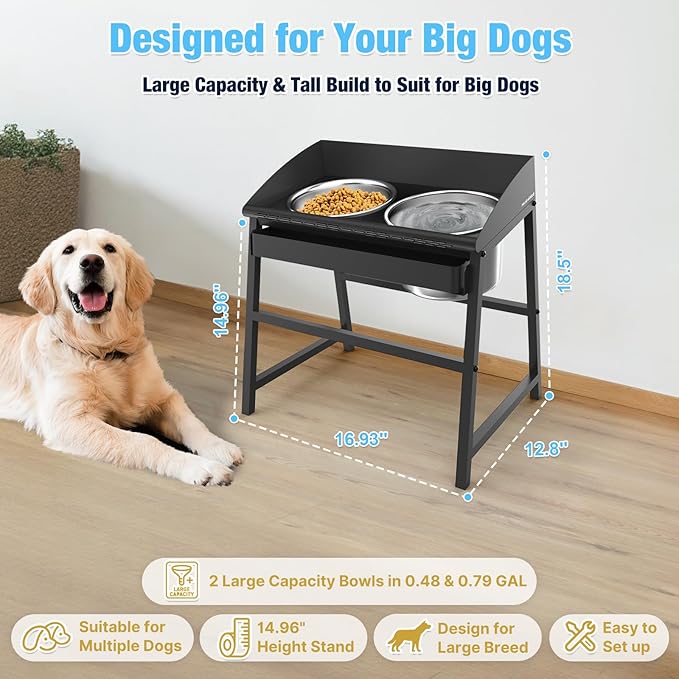 Elevated Dog Bowls for Large Dog, 15“ Tall Raised Food and Water Bowl Set with Stand, Full Metal Spill Proof Design and Stainless Bowls for Indoor & Outdoor Use