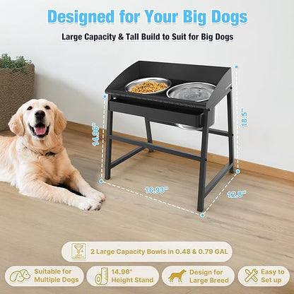 Elevated Dog Bowls for Large Dog, 15“ Tall Raised Food and Water Bowl Set with Stand, Full Metal Spill Proof Design and Stainless Bowls for Indoor & Outdoor Use