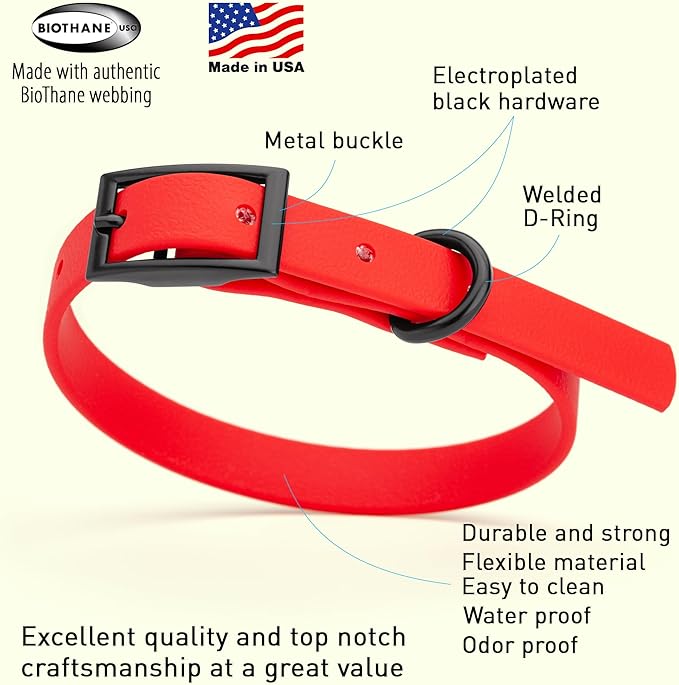 Dogline Biothane Waterproof Dog Collar Strong Coated Nylon Webbing with Black Hardware Odor- Proof for Easy Care Easy to Clean High Performance Fits Small Medium or Large Dogs, Cherry Red
