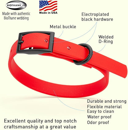 Dogline Biothane Waterproof Dog Collar Strong Coated Nylon Webbing with Black Hardware Odor- Proof for Easy Care Easy to Clean High Performance Fits Small Medium or Large Dogs, Cherry Red