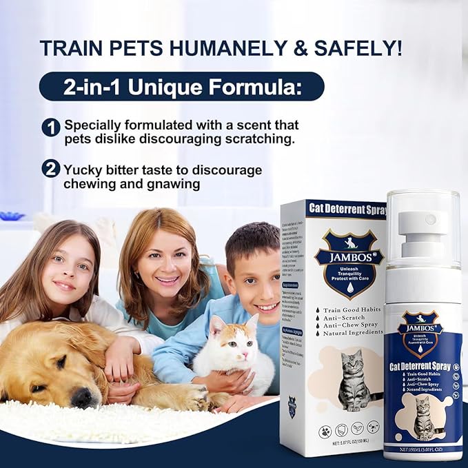 JAMBOS Cat Deterrent Spray - Safe Indoor & Outdoor Deterrent for Furniture Protection, Effective Training Aid with Natural Ingredients - Non-Toxic Anti-Scratch Formula (Blue, M)