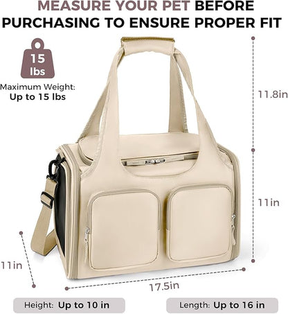 Dog, Cat Carrier for Pets Up to 15 Lbs, Airline Approved Collapsible Soft-Sided Pet Travel Bag with Locking Zippers, Breathable Mesh and 4 Large Pockets, Removable Fleece Pad (Beige)