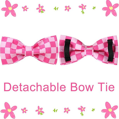 Dog Collar with Bow Tie,Pink Bow Dog Collar with Adjustable Buckle,Cotton Puppy Collar for Small,Medium,Large Dogs, PinkPlaid C