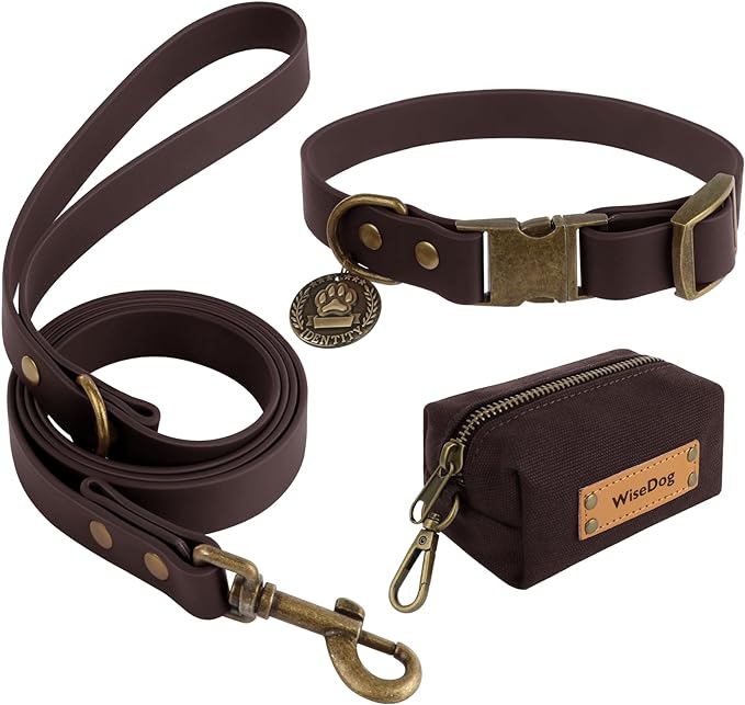 Wisedog Dog Collar and Leash Set, Waterproof Adjustable Puppy Collars with Cute Tag 5FT Dog Leash with Poop Bag for Small Medium Large Dogs (L, Brown)