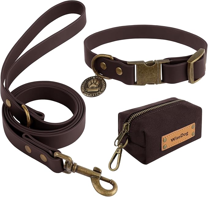 Wisedog Dog Collar and Leash Set, Waterproof Adjustable Puppy Collars with Cute Tag 6FT Dog Leash with Poop Bag for Small Medium Large Dogs (XL, Brown)