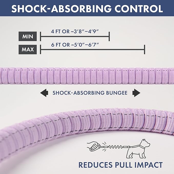 Spark Paws Handsfree Dog Leash – Shock Absorbing Waist Bungee Lead for Running, Car Seatbelt Clip & Poop Bag Set, Heavy Duty Tactical Lead for Medium, Large & X-Large Breeds - Lilac