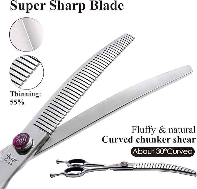 Fenice Peak 7" Professional Dog Grooming Scissors 55% Thinning, 30-Degree Curved Blender, Japanese 440C Gromming Shear for Trimming Dogs Cats and Other Pets face and paws