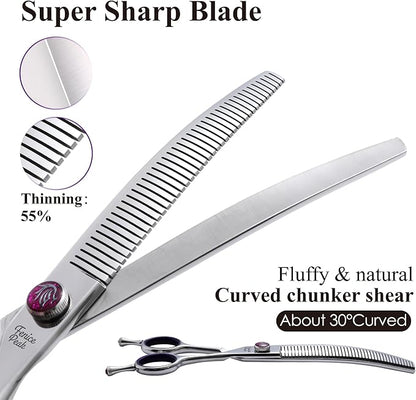 Fenice Peak 7.5" Professional Dog Grooming Scissors 55% Thinning, 30-Degree Curved Blender, Japanese 440C Gromming Shear for Trimming Dogs Cats and Other Pets face and paws