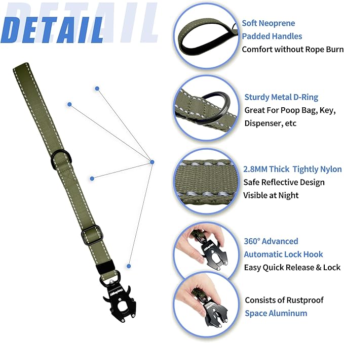 Strong Heavy Duty Dog Leash - Adjustable 15"-18" Reflective Nylon Training Leash with Padded Handle & Frog Clip, Traffic Control for Large Medium Dogs No Pull Walking Army Green