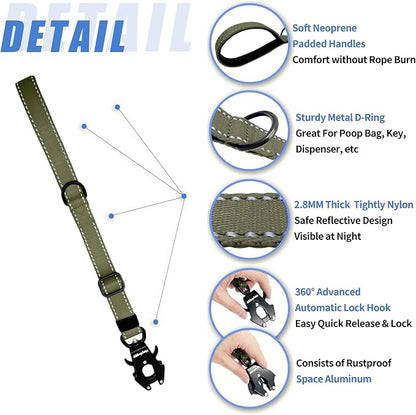 Strong Heavy Duty Dog Leash - Adjustable 15"-18" Reflective Nylon Training Leash with Padded Handle & Frog Clip, Traffic Control for Large Medium Dogs No Pull Walking Army Green