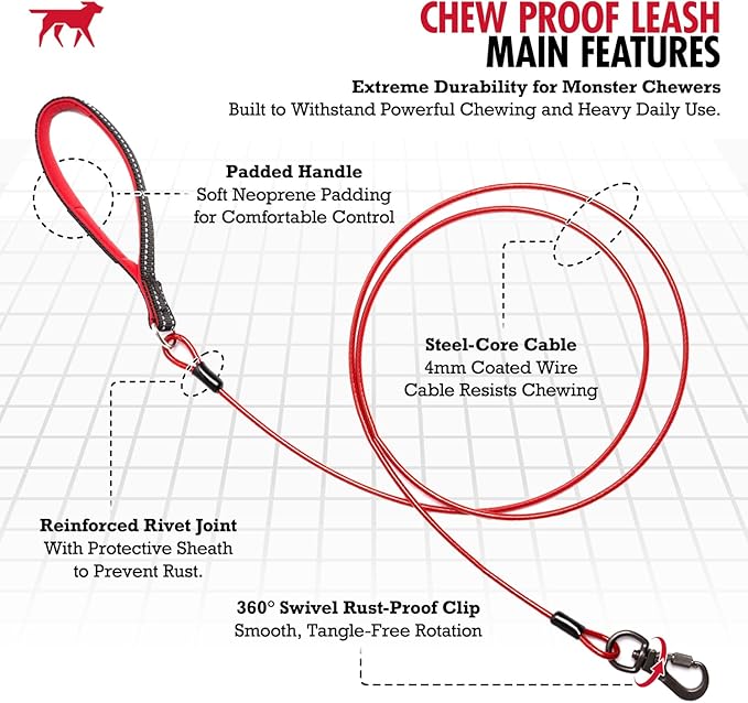 Tuff Pupper Chew Proof Dog Leash | Steel Cable Bite Resistant Lead | Twist Lock Carabiner | Heavy Duty for Large Dogs & Teething Puppies | Comfortable Padded Handle | 4FT & 6FT Lengths (Red, 4 Feet)