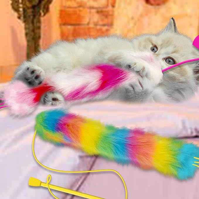 Lepawit 2 Pack Cat Wand Toy, Rainbow Cat Feather Toys with Bells, Teaser Wand with Soft Furry Tail, Interactive Toys for Indoor Cats & Kitten & Kitty