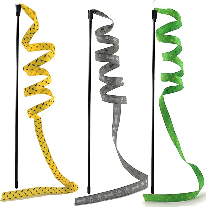 URMYONLY Interactive Cat Toy Wand, Cat Teaser Wand Rainbow String for Bored Indoor Adult Cats and Kittens (3 Pack String)