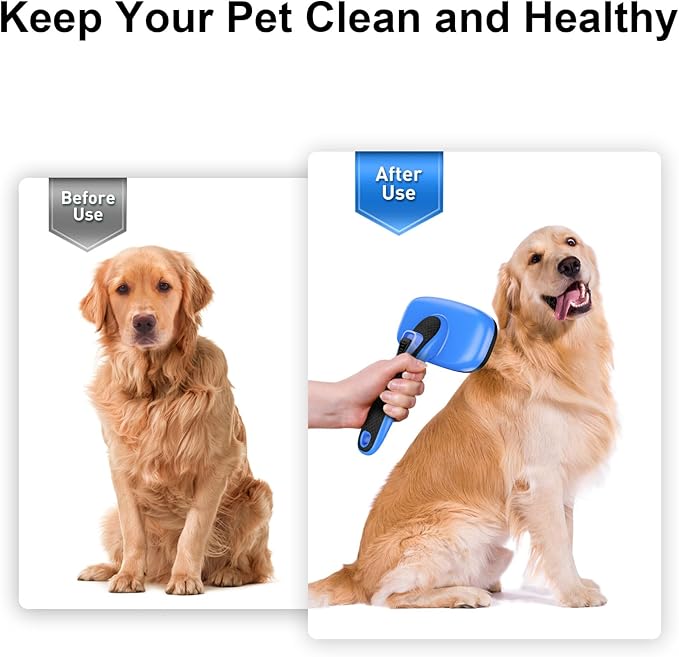 WOPQAEM Self Cleaning Slicker Brush for Dog, Cat, Skin Friendly Shedding & Grooming Tool for Long and Short Haired Pets, Easy Clean Retractable Bristles, Blue
