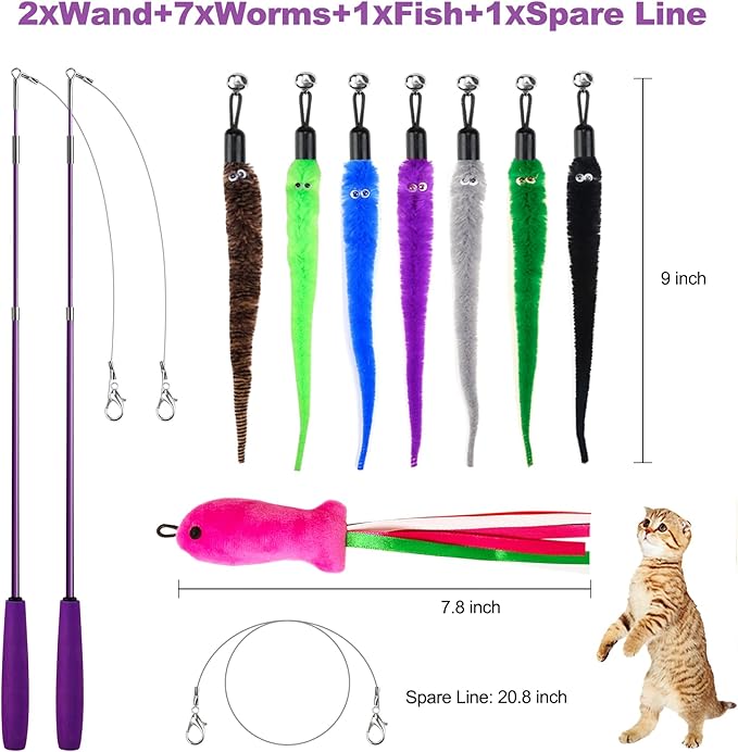 Cat Toys for Indoor Cats, 11PCS Interactive Cat Toy Wand Pack, 2 Retractable Cat Wand & 7PCS Worm Teaser Refills, Plush Fish Kitten Toys, Cat Feather Fishing Pole Toy for Play Chase Exercise