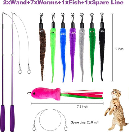 Cat Toys for Indoor Cats, 11PCS Interactive Cat Toy Wand Pack, 2 Retractable Cat Wand & 7PCS Worm Teaser Refills, Plush Fish Kitten Toys, Cat Feather Fishing Pole Toy for Play Chase Exercise