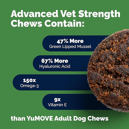 Yumove Hip & Joint Supplement for Dogs with Glucosamine, Hyaluronic Acid, Green Lipped Mussel & Omega 3 Joint Supplement - Regular or Advanced Strength (180 Count, Advanced Vet Strength Soft Chews)