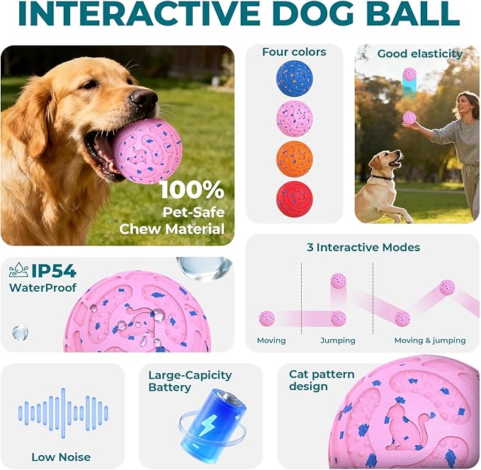 Smart Interactive Dog Toy Ball – Automatic Moving, Bouncing & Rolling, 3 Modes, Chew-Proof E-TPU Shell, Waterproof, Rechargeable,Dog Ball for Medium and Large Dogs, Pink