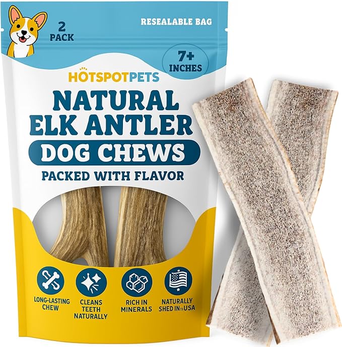 hotspot pets Premium Split Elk Antlers for Dogs - 7 Inch Large Dog Chews (2 Pack) Made in USA -Naturally Shed Antler Bone for Large Breed Chewers -Promotes Natural Dental Hygiene