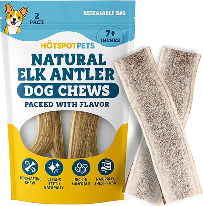 hotspot pets Premium Split Elk Antlers for Dogs - 7 Inch Large Dog Chews (2 Pack) Made in USA -Naturally Shed Antler Bone for Large Breed Chewers -Promotes Natural Dental Hygiene