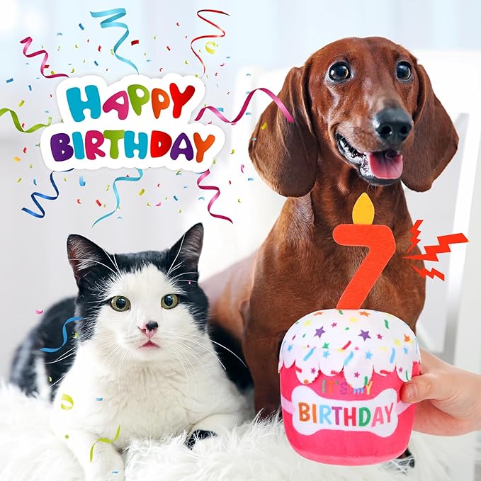 Dog Birthday Cake Toy Accessories for Girl Boy Gifts, Squeaky Plush Toy for Dog Birthday Party Decor Favor for Large, Medium and Small Dogs(7th,Pink)