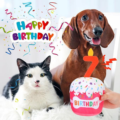 Dog Birthday Cake Toy Accessories for Girl Boy Gifts, Squeaky Plush Toy for Dog Birthday Party Decor Favor for Large, Medium and Small Dogs(7th,Pink)