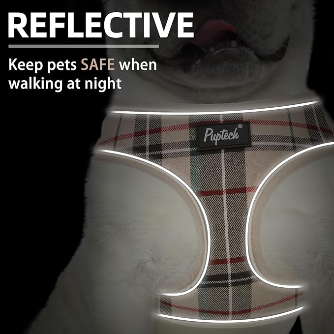 PUPTECK Soft Mesh Dog Harness Small Sized and Leash Set Pet Puppy Cat Comfort Padded Vest No Pull Harnesses, Beige Plaid, M
