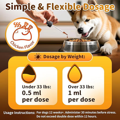 POPPAW Calming Drops for Dogs, Soothe Separation, Thunder & Fireworks Stress, Support Calmness, Focus & Cognitive Health, Promote Emotional Balance, for Dogs 12 Weeks+, Chicken Flavor, 1 FL.OZ