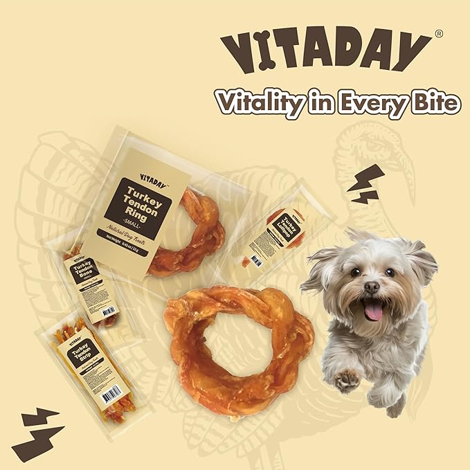 VITADAY Turkey Tendons for Dogs, All Natural, Healthy Dog Treats, Long Lasting, Hypoallergenic Dog Chews, Rawhide Free, USA-Sourced, for Small Dogs, Ring (S), 4 Count Pack