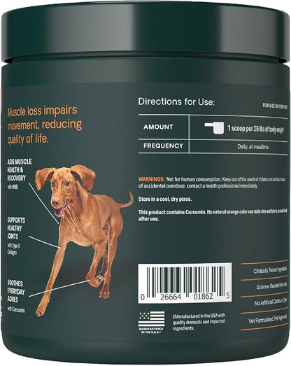 VetriScience HMB Healthy Muscle & Strength Supplement for Dogs, Mobility Support & Muscle Builder with Collagen, Calcium, Vitamin D & Curcumin, Powder, Pork, 8.47 oz - New Look