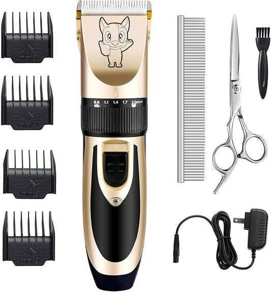 Dog Grooming Kit Clippers, Low Noise, Electric Quiet, Rechargeable, Cordless, Pet Hair Thick Coats Clippers Trimmers Set, Suitable for Dogs, Cats, and Other Pets (Gold)