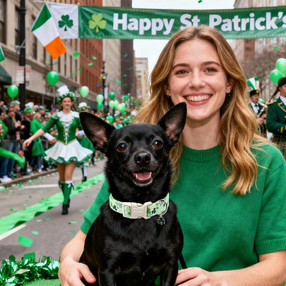DOGWONG St Patrick's Day Dog Collar-Cute Green Clovers Dog Collars, Adjustable Shamrock Pet Collars Trefoil Puppy Collar with Quick Release Buckle for Girl&Boy Dogs