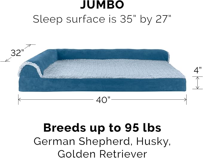 FurHaven Orthopedic Dog Bed for Large Dogs, L-Shaped Chaise Sofa with Orthopedic Egg Crate with a Solid Orthopedic Foam Base for Joint Support, Washable Cover, Jumbo XL, Faux Fur & Suede, Marine Blue