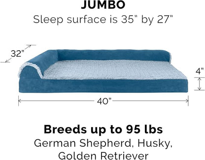 FurHaven Orthopedic Dog Bed for Large Dogs, L-Shaped Chaise Sofa with Orthopedic Egg Crate with a Solid Orthopedic Foam Base for Joint Support, Washable Cover, Jumbo XL, Faux Fur & Suede, Marine Blue