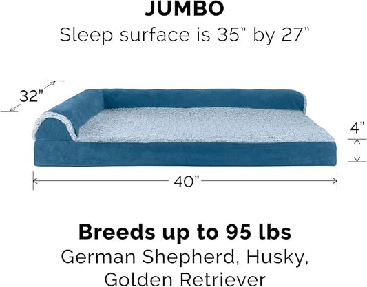 FurHaven Orthopedic Dog Bed for Large Dogs, L-Shaped Chaise Sofa with Orthopedic Egg Crate with a Solid Orthopedic Foam Base for Joint Support, Washable Cover, Jumbo XL, Faux Fur & Suede, Marine Blue