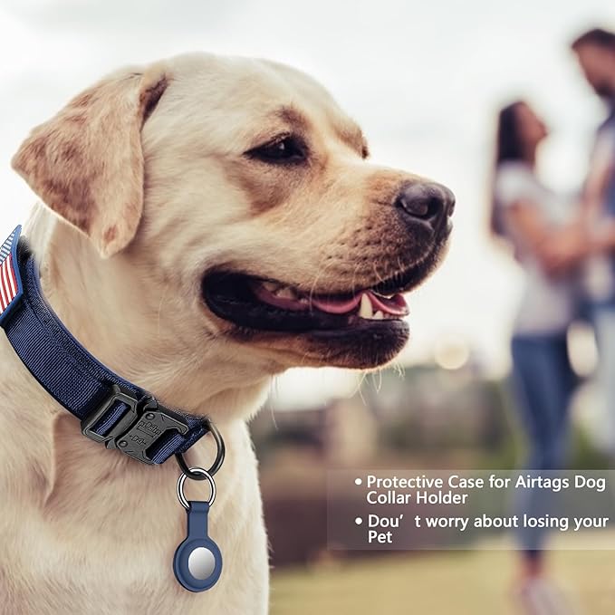 DAGANXI Tactical Dog Collar, Adjustable Military Training Nylon Dog Collar with Control Handle and Heavy Metal Buckle for Medium and Large Dogs, with Patches and Airtags Case (Midnight Blue, XL)