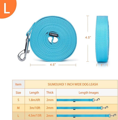 Siumouhoi Strong Durable Nylon Dog Training Leash, 1 Inch Wide Traction Rope, 6 ft 10ft 15ft Long, for Small and Medium Dog (Mint Blue, 15 Feet)