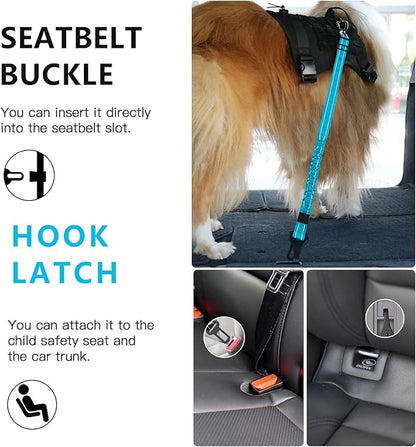 AUBELL Dog Seat Belt for Car,2 Pack Set 3-in-1 Adjustable Reflective Bungee Heavy Duty Dog Car Harness Tether with Clip Hook Latch & Buckle,Swivel Zinc Alloy Carabiner,Black+Blue