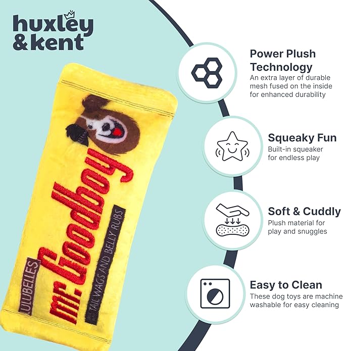 Huxley & Kent Funny Dog Toy w/Squeaker – Power Plush Squeaky Dog Toys for Small, Medium & Large Dogs – Soft Stuffed Animal for Indoor Play & Fetch - Mr Goodboy, Small