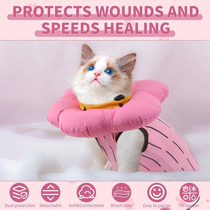 EMUST 2PCS Cat Recovery Suit, Cat Surgery Suit for Abdominal Wounds, Adjustable Flower Neck Cone Collar Soft, Cats Onesie After Surgery for 4-8lb(Pink, M)