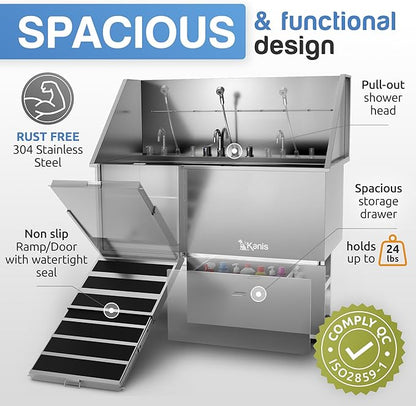 KANIS 61" Professional Stainless Steel Dog Bathing Station, Left RAMP + 49" Professional Electric Dog Grooming Table, White