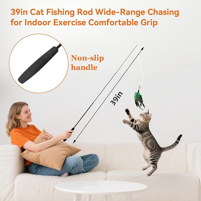 Blrmba Cat Toy Set 11PCS: Interactive Bird Toys for Indoor Kittens & Cat Teaser Wand, 39" Fishing Pole + 18.5" Short Telescopic Wand, 2 Wires, 6 Feather & 1 Bird Toy – EVA Handles, Exercising, Playing