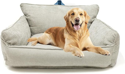 RAFASAFA Large Orthopedic Dog Sofa Bed with Sides, Carry Handle & Side Pockets .Plush Chenille Orthopedic Pet Bed Couch for Large Dogs.Portable Snuggler for Indoor Use, Travel & Recovery (Light Grey)