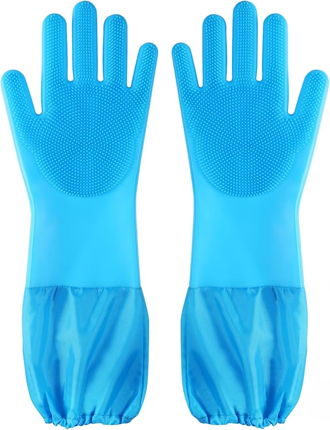 Senquoyn Dog Washing Gloves | Pet Grooming Gloves | Extra Long Arms (17.3") for Cats & Dogs | Massage & Hair Removal Pet Glove(Blue)