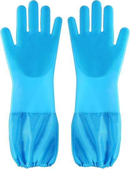 Senquoyn Dog Washing Gloves | Pet Grooming Gloves | Extra Long Arms (17.3") for Cats & Dogs | Massage & Hair Removal Pet Glove(Blue)