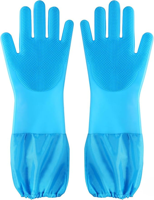 Senquoyn Dog Washing Gloves | Pet Grooming Gloves | Extra Long Arms (17.3") for Cats & Dogs | Massage & Hair Removal Pet Glove(Blue)